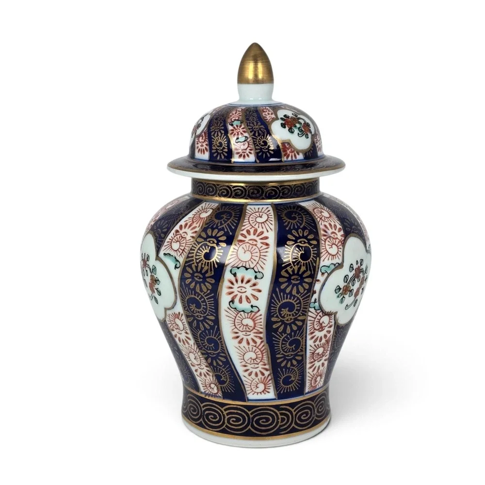 Gold Imari Hand Painted Porcelain Ginger Jar Blue Red Gold Floral 7